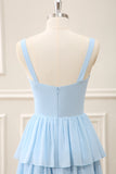 Sky Blue Ruffled Chiffon A Line Tiered Maxi Dress