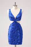 Royal Blue Bodycon Cut Out Mini Dress with Beading