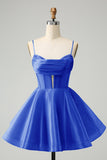 Cute Glitter Blue A Line Spaghetti Straps Corset Mini Dress with Beading