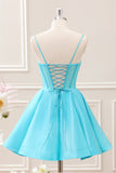 Cute Glitter Blue A Line Spaghetti Straps Corset Mini Dress with Beading