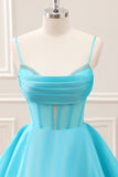 Cute Glitter Blue A Line Spaghetti Straps Corset Mini Dress with Beading
