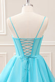 Cute Glitter Blue A Line Spaghetti Straps Corset Mini Dress with Beading
