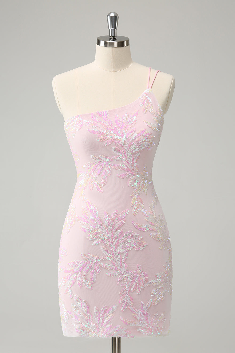 Berylove Women Glitter Pink Tight Homecoming Dress One Shoulder Sequined Embroidery Mini Party Dress, Pink / US12 Berylove Women Glitter Pink Tight Homecoming Dress One Shoulder Sequined Embroidery Mini Party Dress, Pink / US12
