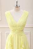 Lemon Yellow V Neck Cut Out Chiffon Maxi Dress with Ruffles