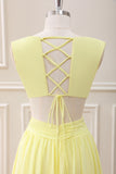 Lemon Yellow V Neck Cut Out Chiffon Maxi Dress with Ruffles