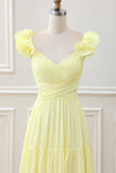 Simple Lemon Yellow A Line Pleated Ruffled Wedding Guest Dress