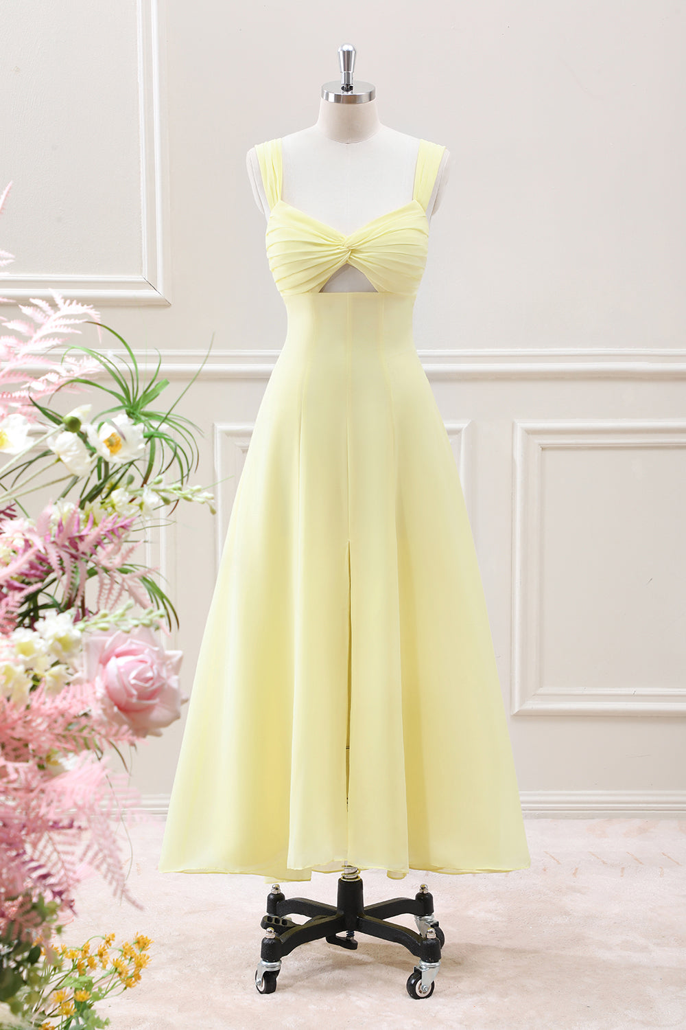 Berylove Women Lemon Yellow Bridesmaid Dress A Line Keyhole Tea Length Wedding Guest Dress, chiffon color / custom Berylove Women Lemon Yellow Bridesmaid Dress A Line Keyhole Tea Length Wedding Guest Dress, chiffon color / custom