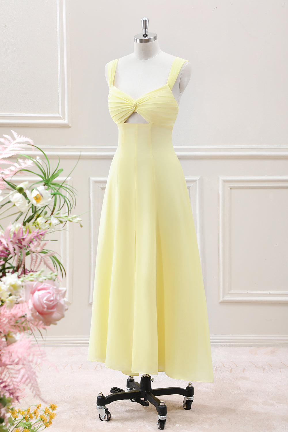 Berylove Women Lemon Yellow Bridesmaid Dress A Line Keyhole Tea Length Wedding Guest Dress, chiffon color / custom Berylove Women Lemon Yellow Bridesmaid Dress A Line Keyhole Tea Length Wedding Guest Dress, chiffon color / custom