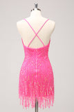 Sparkly Hot Pink Tight Sequins V Neck Mini Dress with Fringes