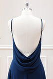 A Line Navy Backless Sleeveless Maxi Dress