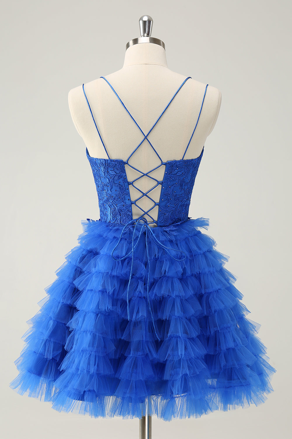 Berylove Women Blue Tiered Cute Homecoming Dress with Ruffles A Line Spaghetti Straps Tulle Mini Party Dress, Blue / Custom Berylove Women Blue Tiered Cute Homecoming Dress with Ruffles A Line Spaghetti Straps Tulle Mini Party Dress, Blue / Custom