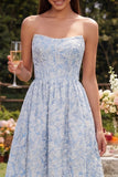 Blue Floral Strapless A-Line High Low Bridesmaid Dress