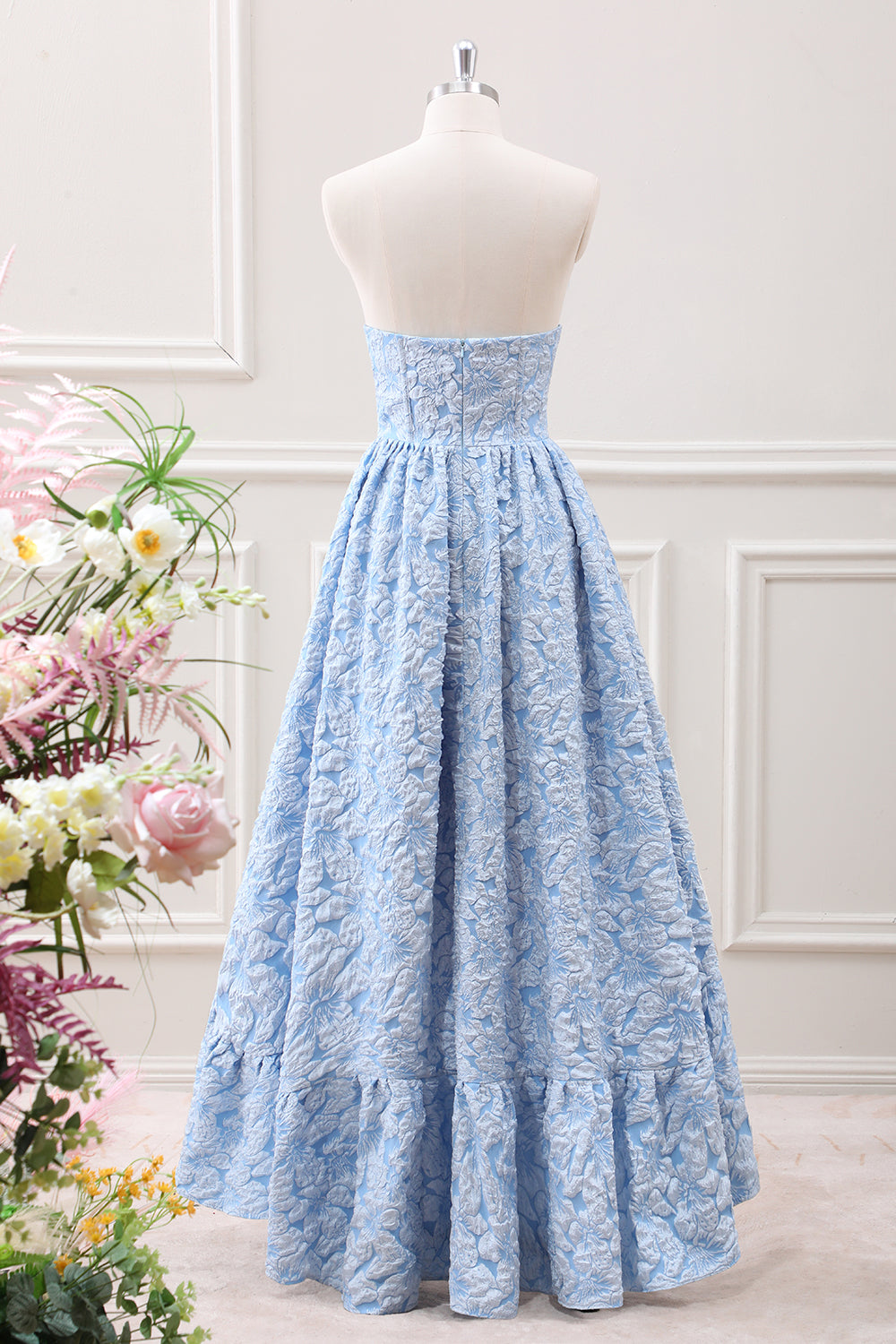 Berylove Women Strapless Blue A Line Asymmetrical Bridesmaid Dress Floral Corset Pleated Wedding Guest Dress, Blue / US20W Berylove Women Strapless Blue A Line Asymmetrical Bridesmaid Dress Floral Corset Pleated Wedding Guest Dress, Blue / US20W