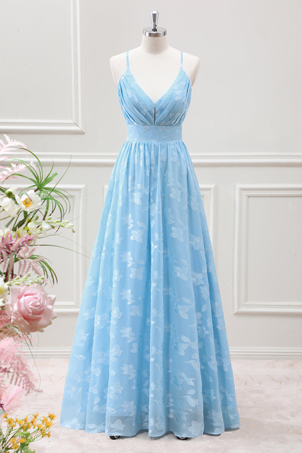 Berylove Women Light Blue Bridesmaid Dress A Line Pleated Maxi Wedding Guest Dress with Butterfly Appliques, Light Blue / US24W Berylove Women Light Blue Bridesmaid Dress A Line Pleated Maxi Wedding Guest Dress with Butterfly Appliques, Light Blue / US24W