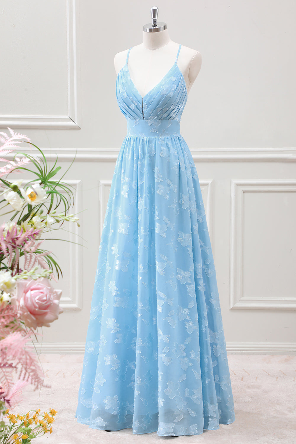 Berylove Women Light Blue Bridesmaid Dress A Line Pleated Maxi Wedding Guest Dress with Butterfly Appliques Berylove Women Light Blue Bridesmaid Dress A Line Pleated Maxi Wedding Guest Dress with Butterfly Appliques
