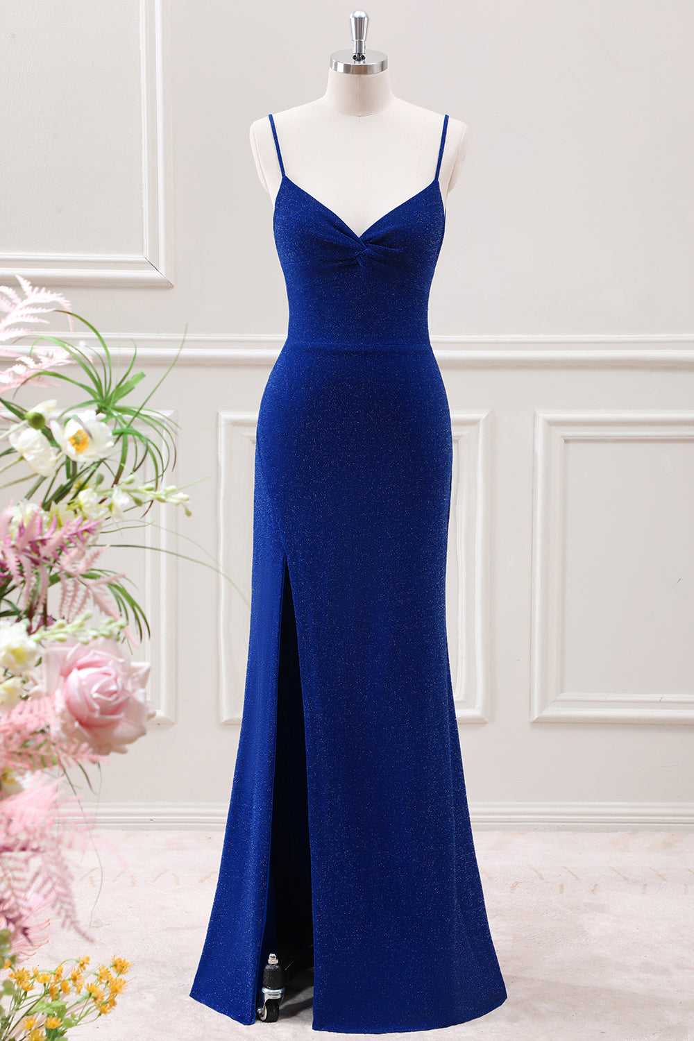 Berylove Women Glitter Dark Blue Wedding Guest Dress Mermaid Spaghetti Straps Maxi Dress with Slit, Light Blue / US14 Berylove Women Glitter Dark Blue Wedding Guest Dress Mermaid Spaghetti Straps Maxi Dress with Slit, Light Blue / US14