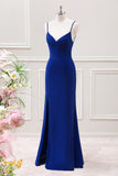 Glitter Dark Blue Mermaid Spaghetti Straps Maxi Dress with Slit
