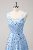 Sparkly Blue Spaghetti Straps Sequins Lace Up Back Maxi Dress with Slit