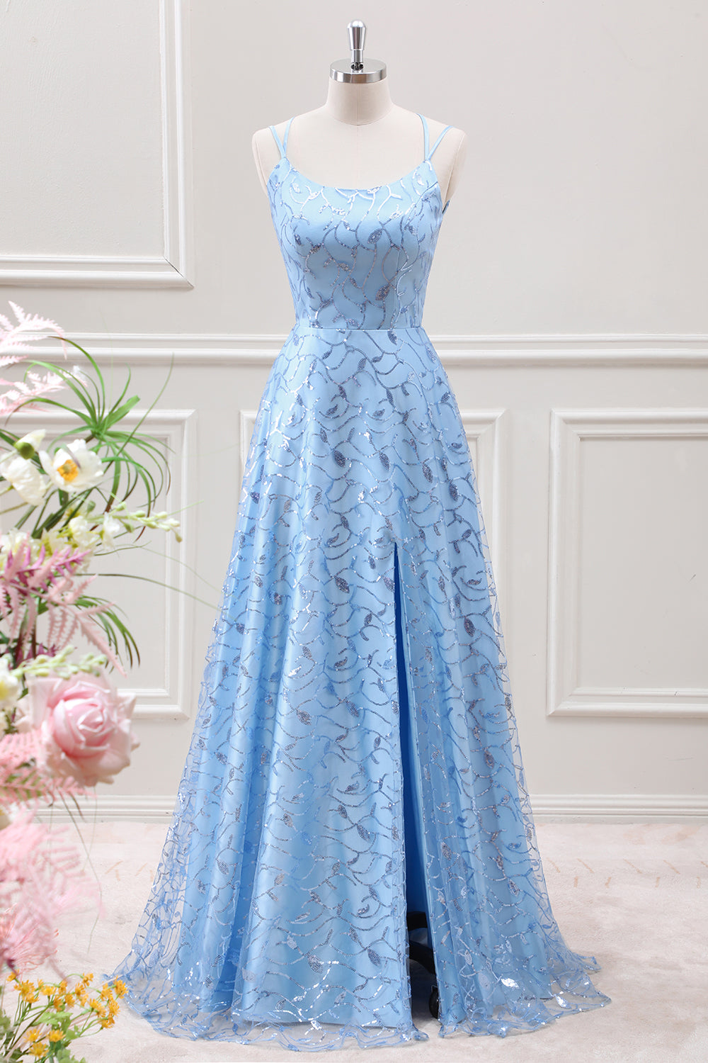 Berylove Women Sparkly Blue Maxi Dress Spaghetti Straps Sequins A Line Wedding Guest Dress with Slit Berylove Women Sparkly Blue Maxi Dress Spaghetti Straps Sequins A Line Wedding Guest Dress with Slit