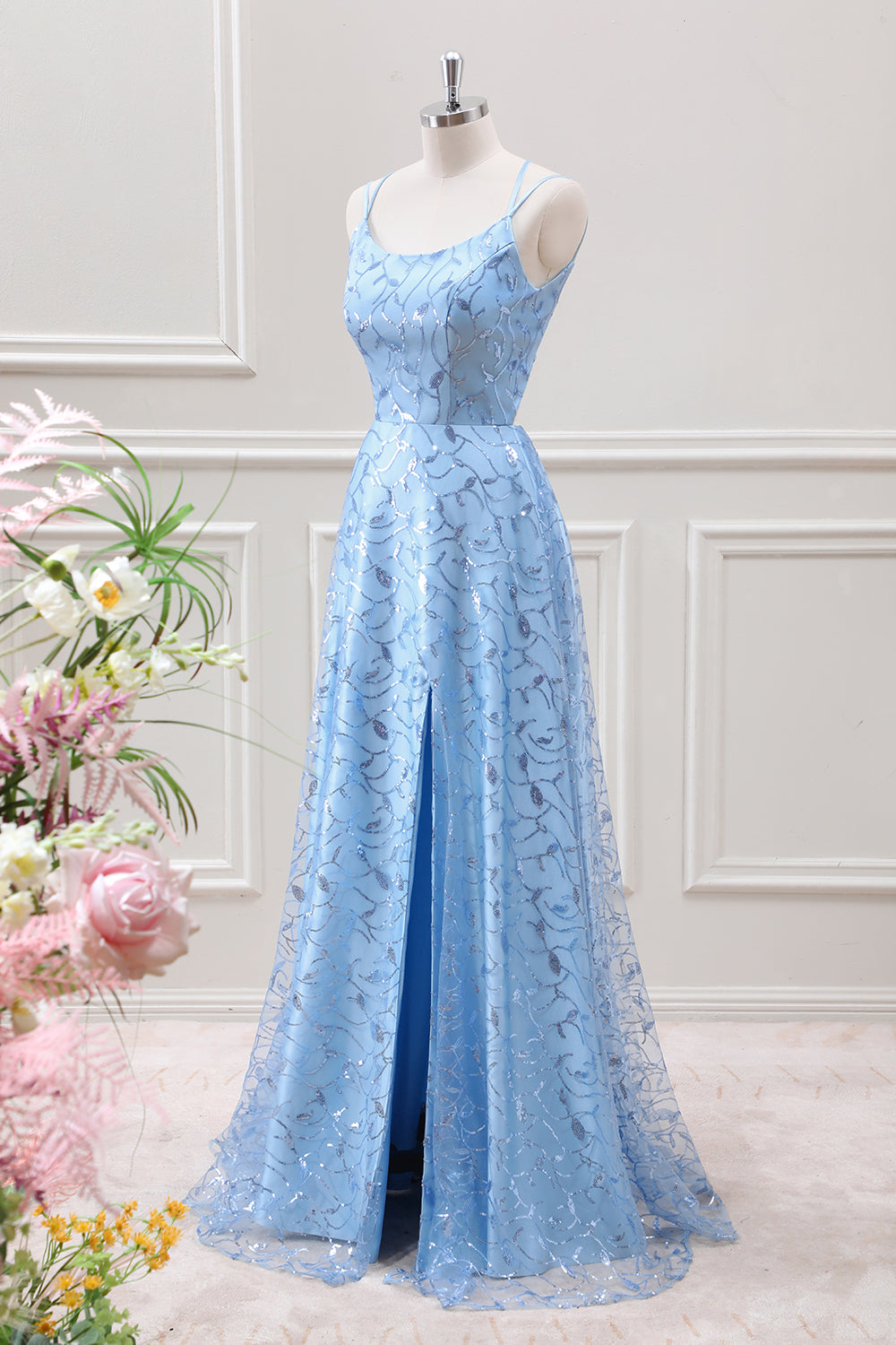 Berylove Women Sparkly Blue Maxi Dress Spaghetti Straps Sequins A Line Wedding Guest Dress with Slit, Blue / US6 Berylove Women Sparkly Blue Maxi Dress Spaghetti Straps Sequins A Line Wedding Guest Dress with Slit, Blue / US6