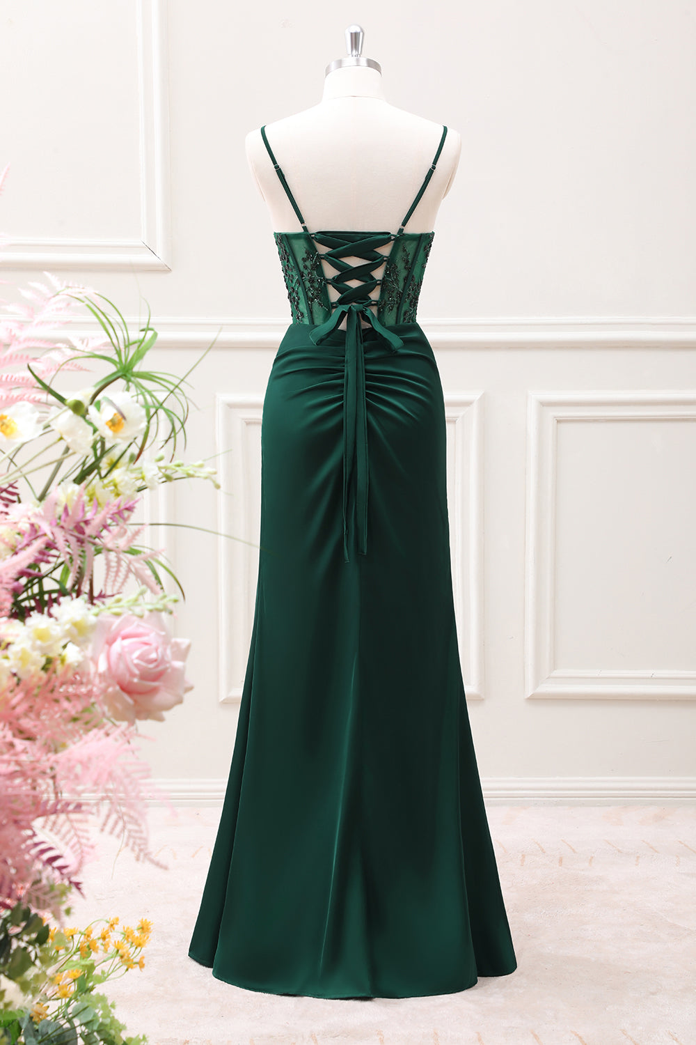 Berylove Women Dark Green Bridesmaid Dress with Slit Corset Mermaid Satin Maxi Wedding Guest Dress, Dark Green / US10 Berylove Women Dark Green Bridesmaid Dress with Slit Corset Mermaid Satin Maxi Wedding Guest Dress, Dark Green / US10