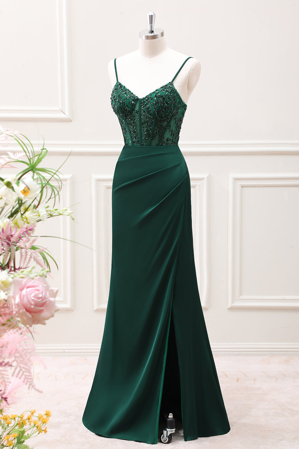 Berylove Women Dark Green Bridesmaid Dress with Slit Corset Mermaid Satin Maxi Wedding Guest Dress, Dark Green / US10 Berylove Women Dark Green Bridesmaid Dress with Slit Corset Mermaid Satin Maxi Wedding Guest Dress, Dark Green / US10