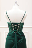 Mermaid Dark Green Corset Satin Maxi Dress with Slit