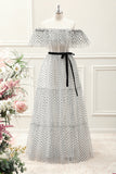 White Black Dot Corset Off the Shoulder A Line Maxi Dress
