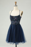 Glitter Navy A-Line Sequined Tulle Mini Dress