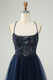 Glitter Navy A-Line Sequined Tulle Mini Dress