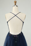 Glitter Navy A-Line Sequined Tulle Mini Dress