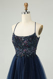 Glitter Navy A-Line Sequined Tulle Mini Dress