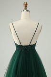 Glitter Dark Green A Line Beaded Appliques Tulle Mini Dress