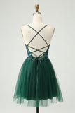 Glitter Dark Green A-Line Sequined Appliques V Neck Mini Dress