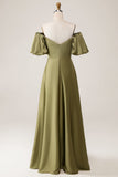 Olive A Line Off the Shoulder Maxi Dress with Short Sleeves