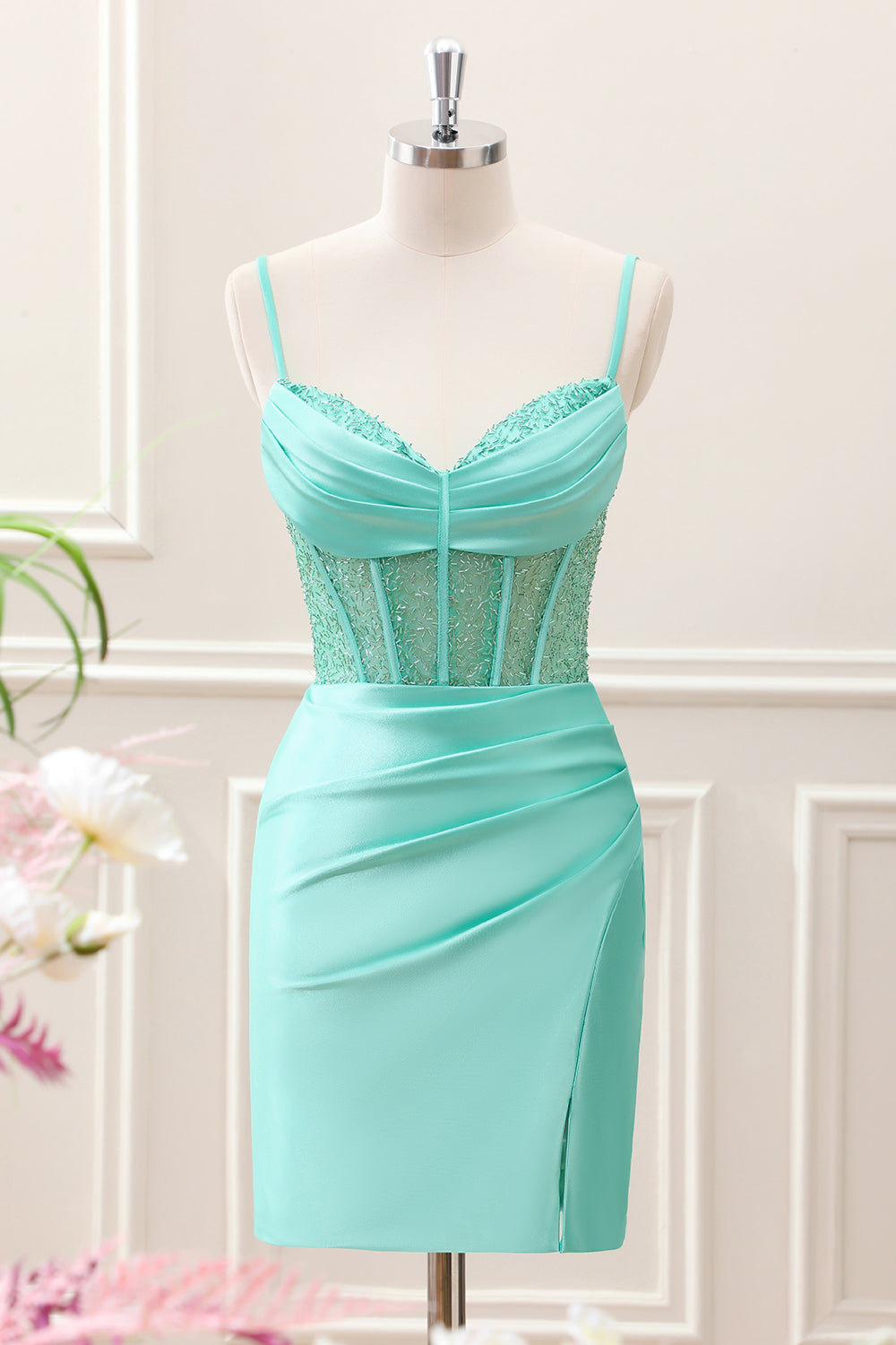 Berylove Women Light Green Homecoming Dress with Slit Spaghetti Straps Bodycon Corset Satin Mini Cocktail Party Dress, Light Green / US8 Berylove Women Light Green Homecoming Dress with Slit Spaghetti Straps Bodycon Corset Satin Mini Cocktail Party Dress, Light Green / US8