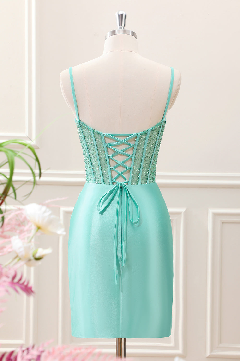 Berylove Women Light Green Homecoming Dress with Slit Spaghetti Straps Bodycon Corset Satin Mini Cocktail Party Dress, Light Green / US8 Berylove Women Light Green Homecoming Dress with Slit Spaghetti Straps Bodycon Corset Satin Mini Cocktail Party Dress, Light Green / US8