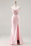 Strapless Mermaid Beaded Corset Pink Prom Dress With Slit
