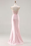 Strapless Mermaid Beaded Corset Pink Prom Dress With Slit