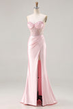 Strapless Mermaid Beaded Corset Pink Prom Dress With Slit