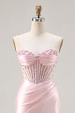 Strapless Mermaid Beaded Corset Pink Prom Dress With Slit