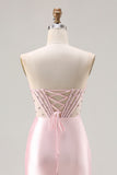 Strapless Mermaid Beaded Corset Pink Prom Dress With Slit
