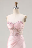 Strapless Mermaid Beaded Corset Pink Prom Dress With Slit