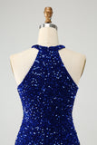 Sparkly Royal Blue Bodycon Halter Sequin Mini Dress with Tassel