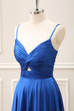 Ink Blue A Line Keyhole Pleated Satin Maxi Dress
