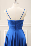 Ink Blue A Line Keyhole Pleated Satin Maxi Dress