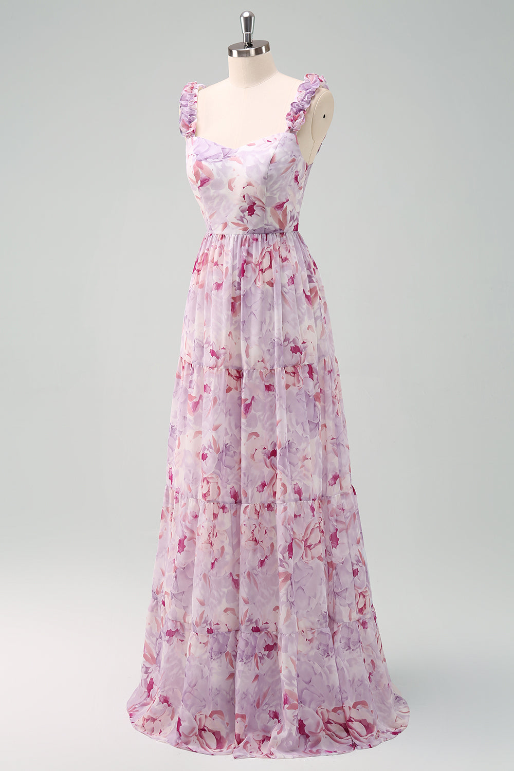 Berylove Women A Line Grey Purple Bridesmaid Dress Floral Ruffled Maxi Wedding Guest Dress with Bow Berylove Women A Line Grey Purple Bridesmaid Dress Floral Ruffled Maxi Wedding Guest Dress with Bow