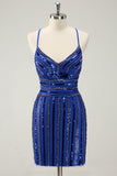 Sparkly Royal Blue Tight Sequined Spaghetti Straps Mini Dress