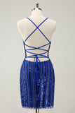 Sparkly Royal Blue Tight Sequined Spaghetti Straps Mini Dress