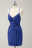 Sparkly Royal Blue Tight Sequined Spaghetti Straps Mini Dress